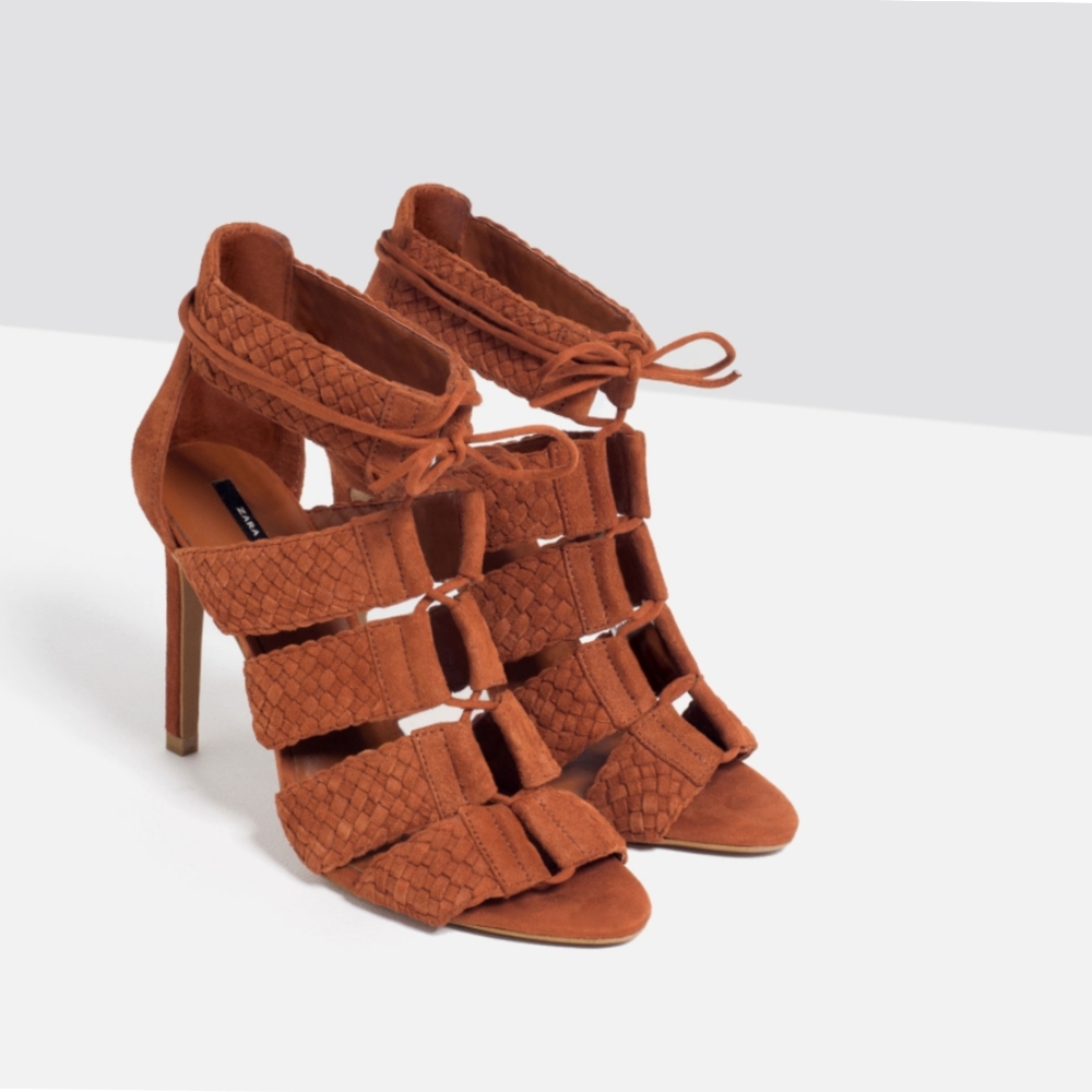 ZARA Suede Leather Braided Lace Up High Heels Sandals Women's Size 5
